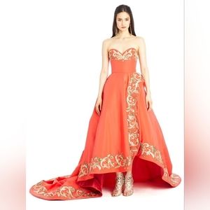 °$16,000 OSCAR DE LA RENTA GOLD BEAD EMBROID ORANGE SILK RUNWAY DRESS GOWN US 2